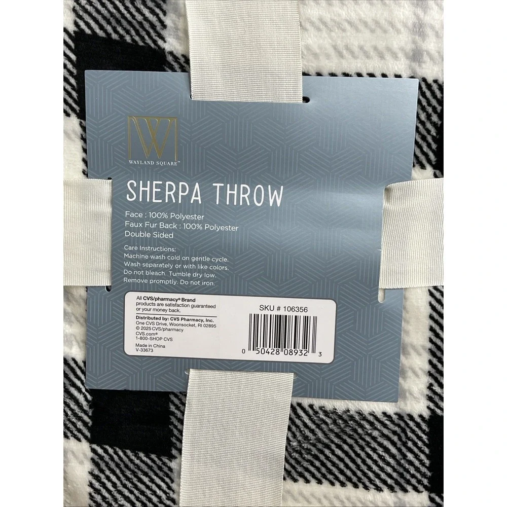Wayland Sherpa Throw Plush Blanket Warm Soft Luxury Black White Plaid 50x60